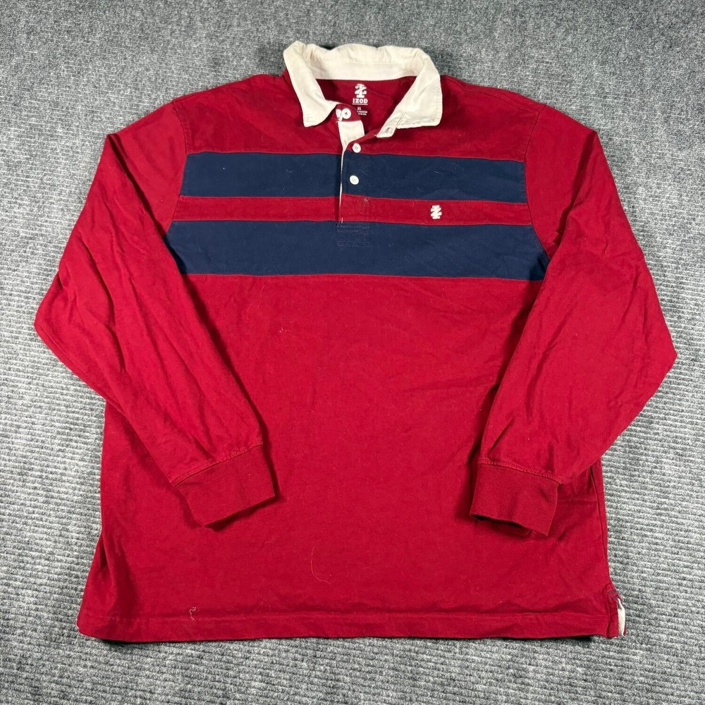 IZOD Rugby Shirt Mens XL Red Blue Excellent Long Sleeve Striped Polo
